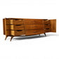 Young Manufacturing lowboy dresser three quarter view with drawers open showing solid wood construction