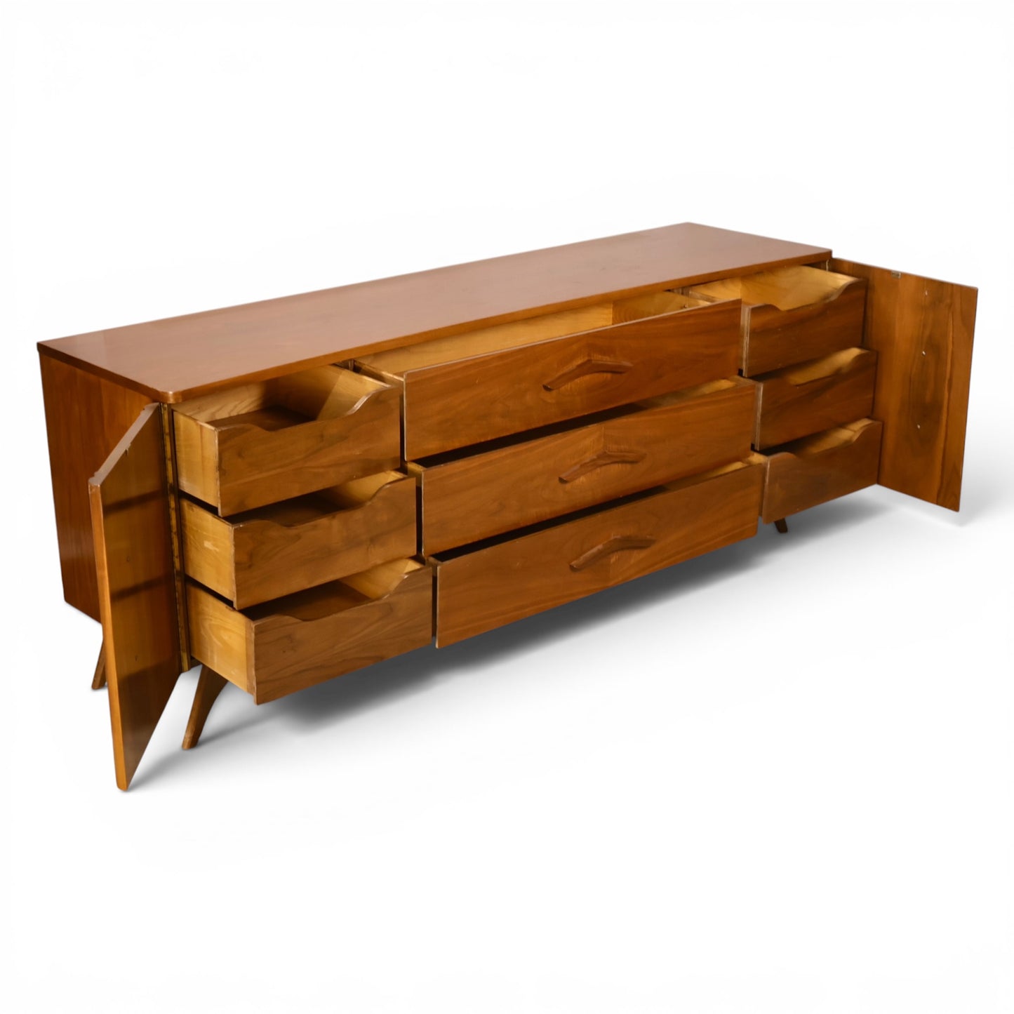 Young Manufacturing lowboy dresser angled open view showing all nine drawers