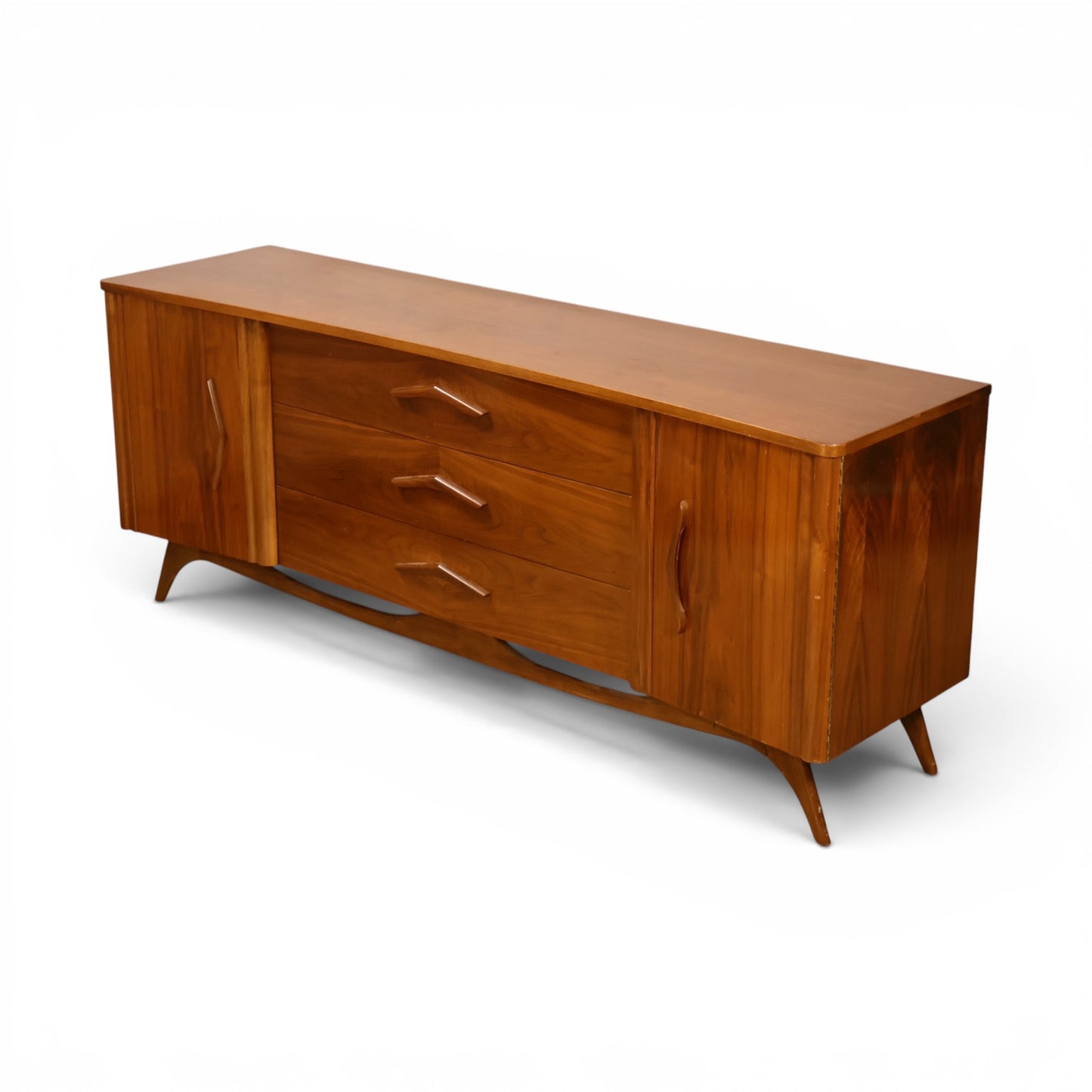 Young Manufacturing lowboy dresser opposite angle view showing case length and walnut top