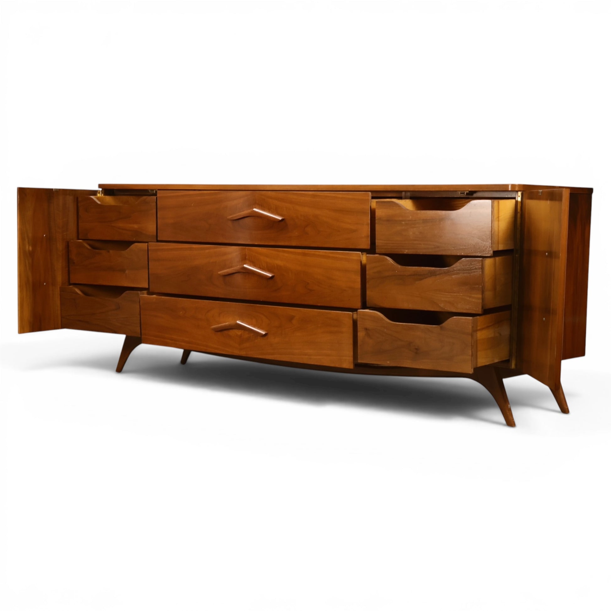 Young Manufacturing lowboy dresser rear three quarter view with drawers extended
