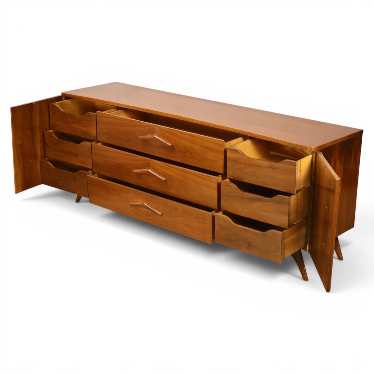 Young Manufacturing lowboy dresser angled open view showing drawer boxes