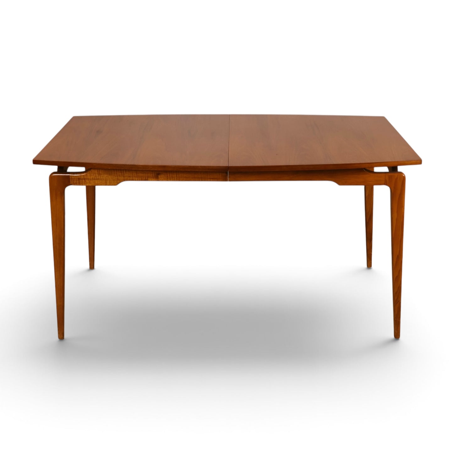 Young Manufacturing Contour walnut dining table c. 1960s front view fully extended with two leaves