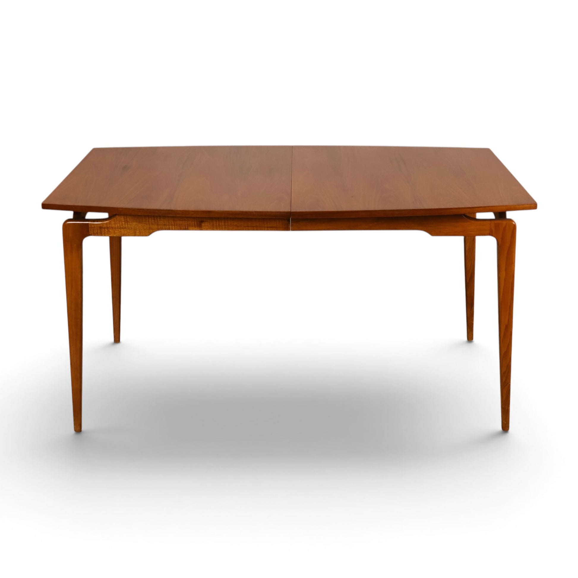 Young Manufacturing Contour walnut dining table c. 1960s front view fully extended with two leaves