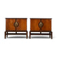 pair of Helen Hobey Baker walnut nightstands front view with sunburst brass pulls