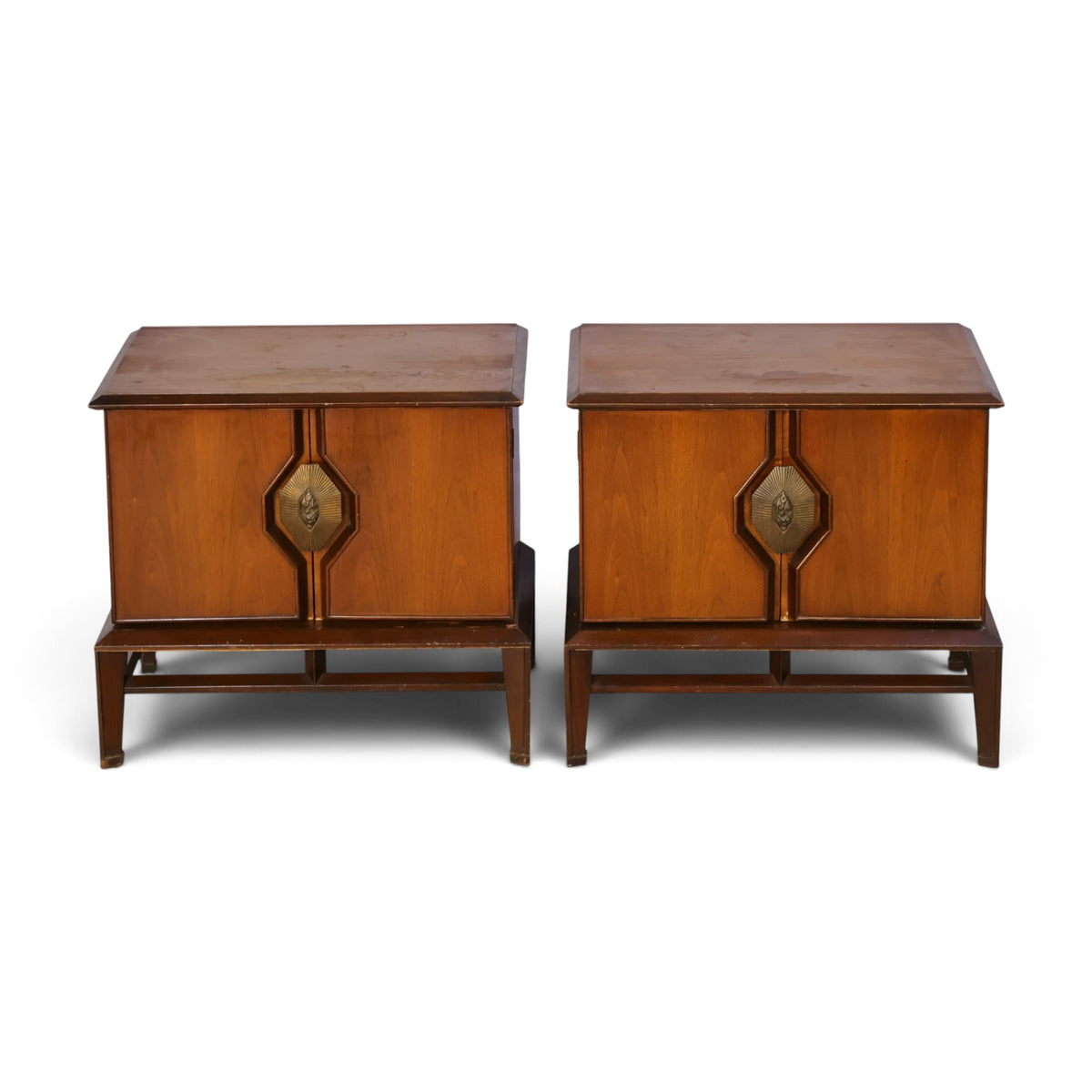 pair of Helen Hobey Baker walnut nightstands angled top view
