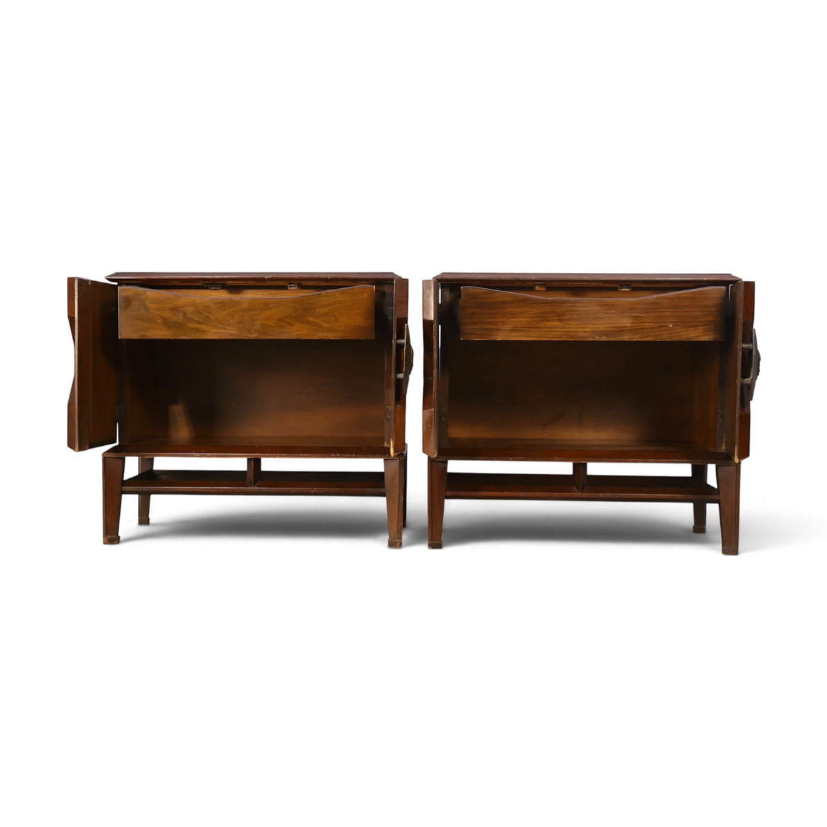 pair of Helen Hobey Baker walnut nightstands front view with doors open