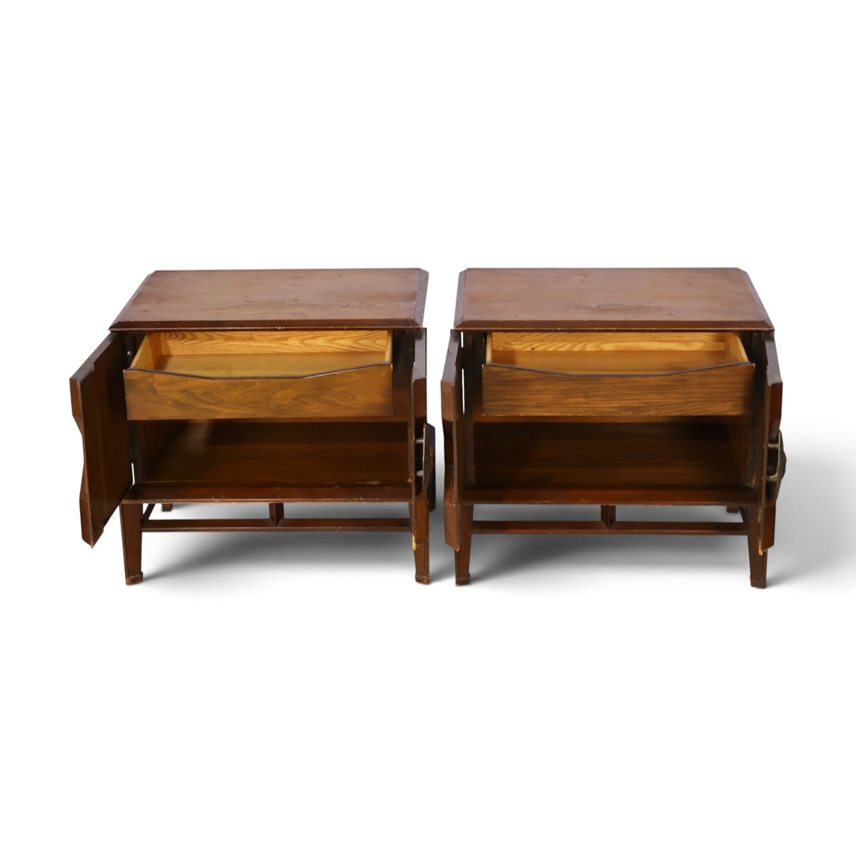 pair of Helen Hobey Baker walnut nightstands front view with drawers open