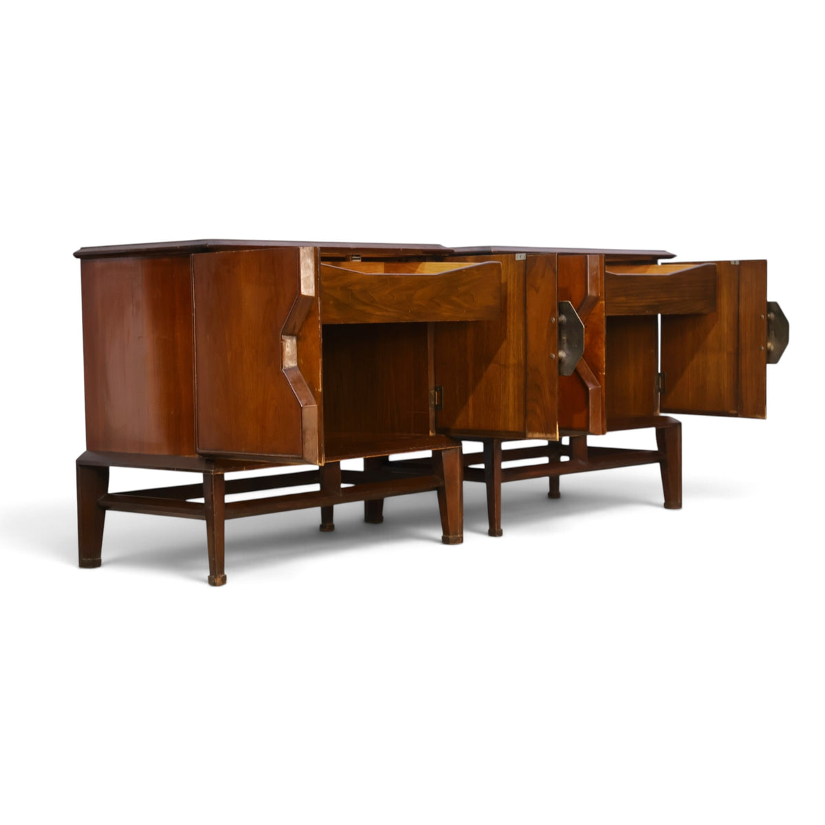 pair of Helen Hobey Baker walnut nightstands side view with doors open