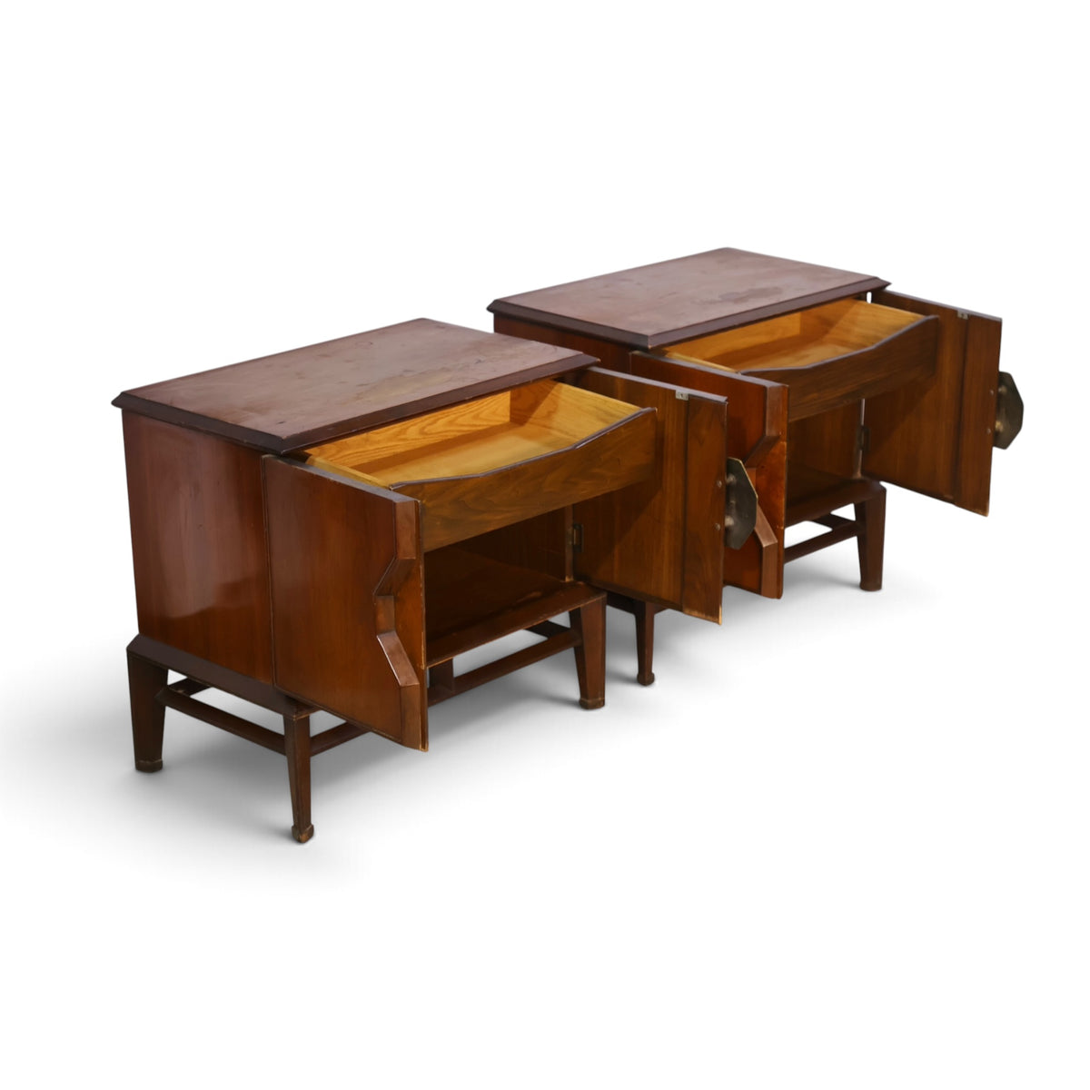 pair of Helen Hobey Baker walnut nightstands angled view with drawers open
