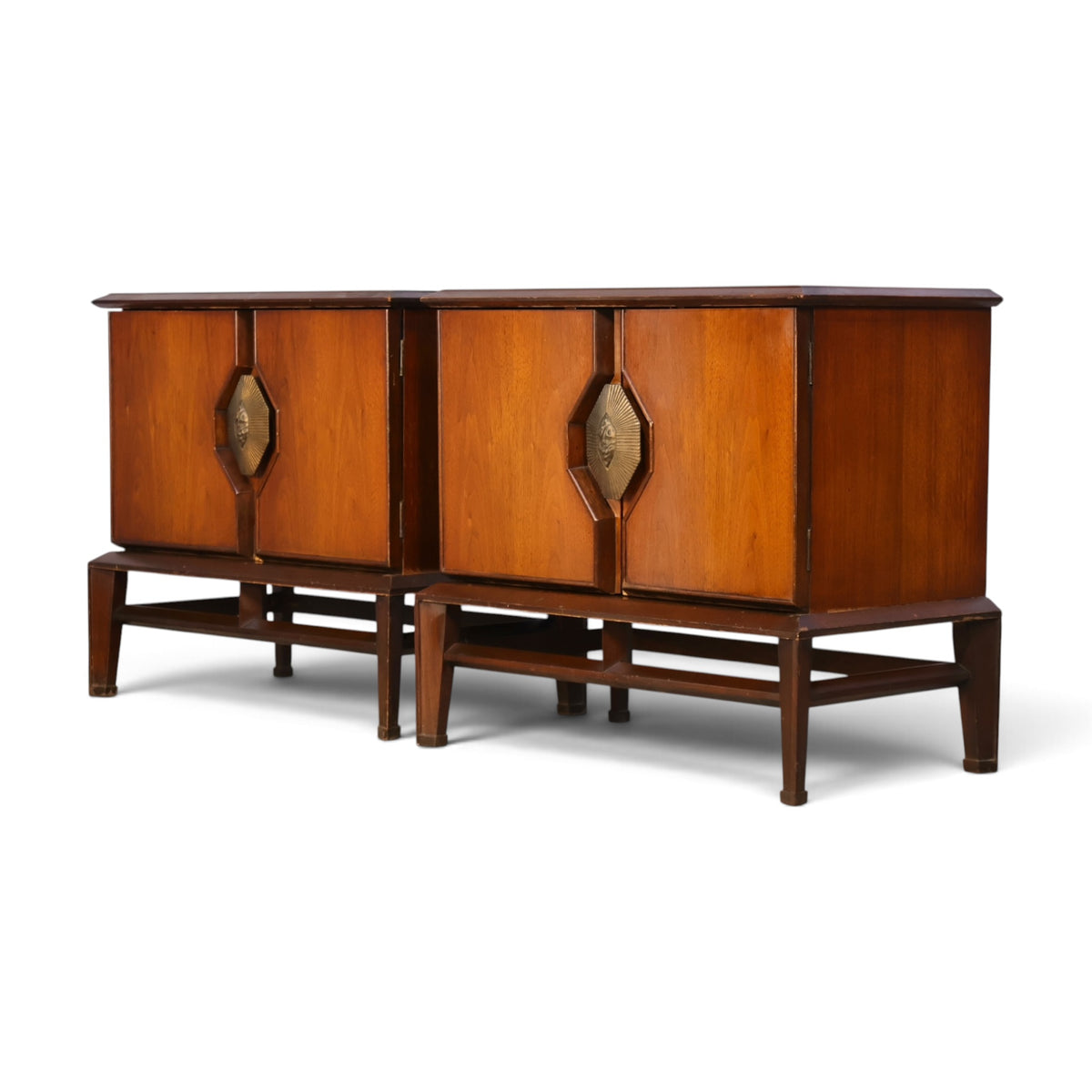 pair of Helen Hobey Baker walnut nightstands three-quarter view
