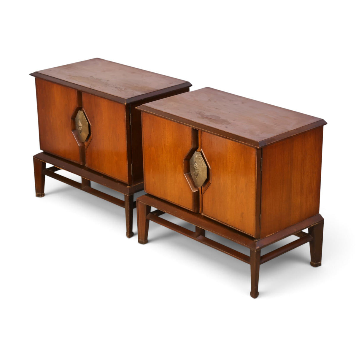 pair of Helen Hobey Baker walnut nightstands angled top view