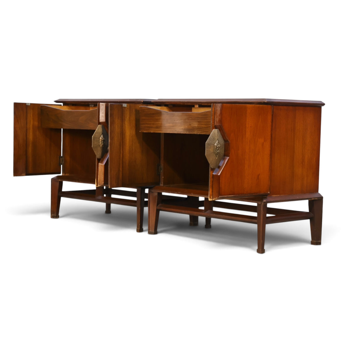 pair of Helen Hobey Baker walnut nightstands side view with doors open