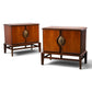 pair of Helen Hobey Baker walnut nightstands angled view