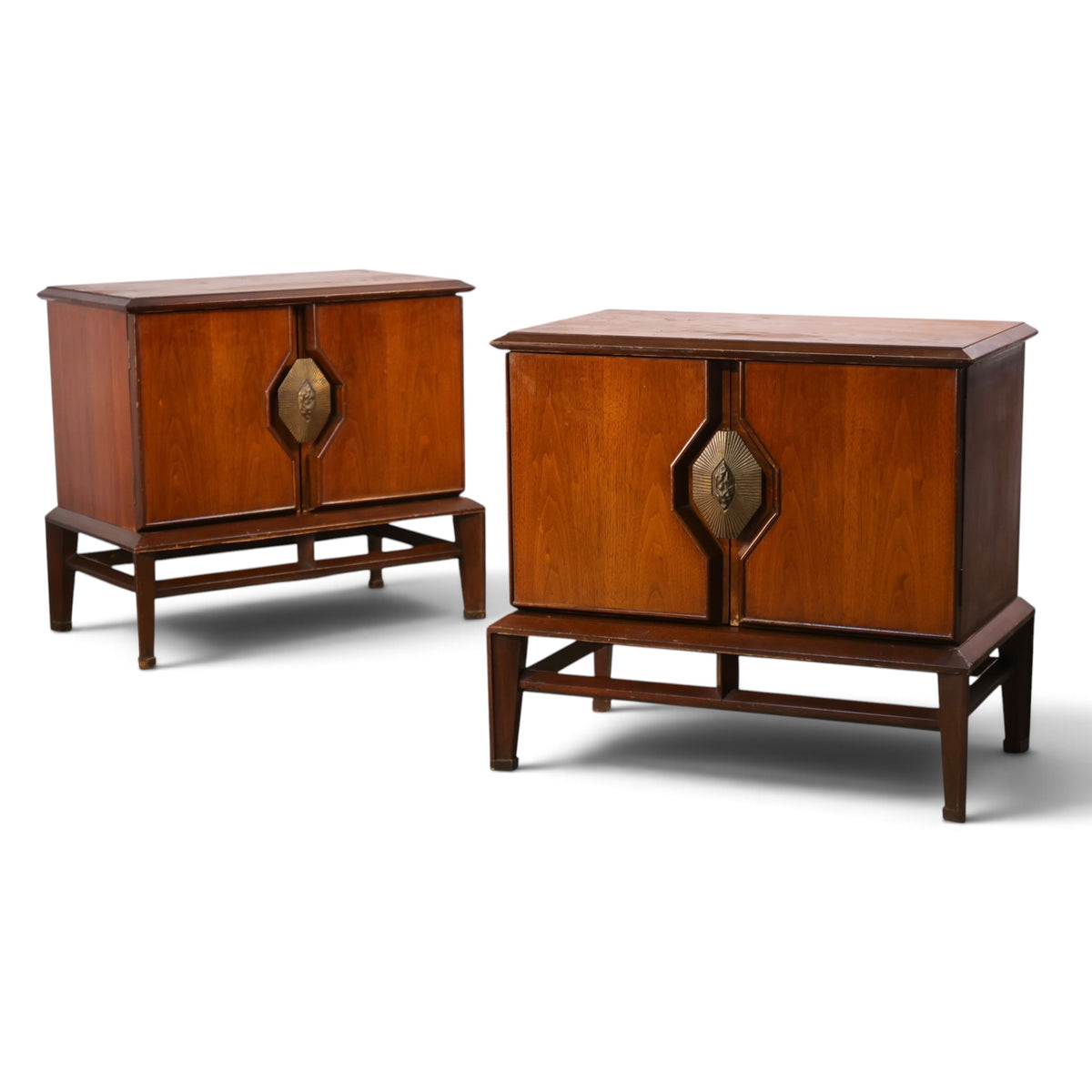 pair of Helen Hobey Baker walnut nightstands angled view