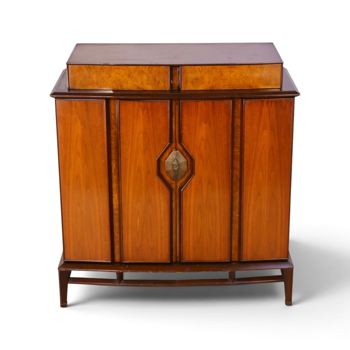 Helen Hobey Baker burl and walnut highboy dresser angled front view