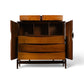 Helen Hobey Baker burl and walnut highboy dresser front view with doors open