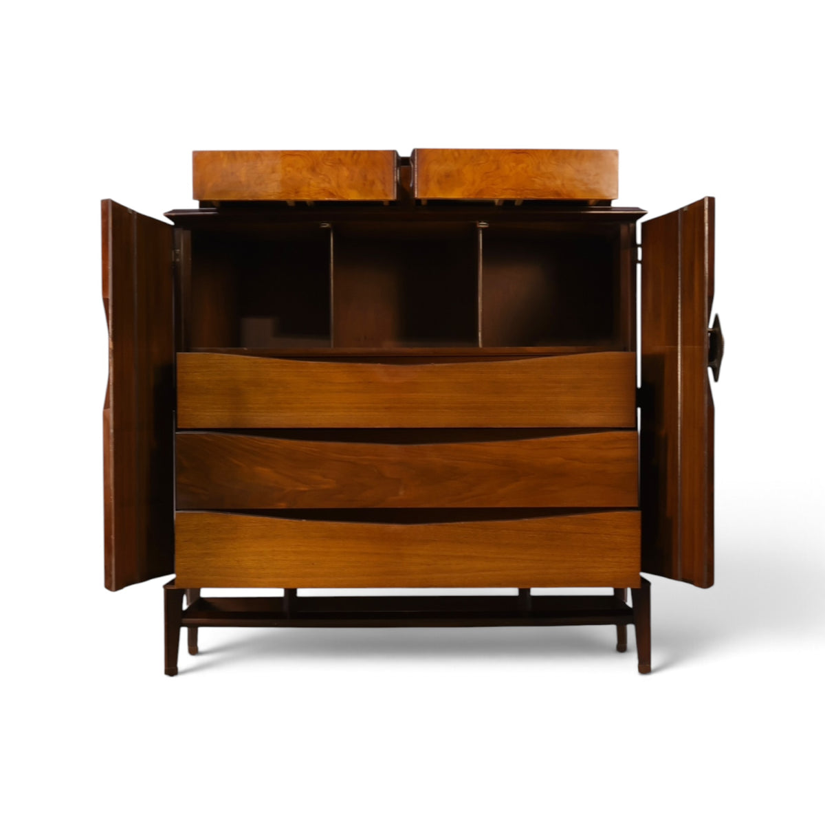 Helen Hobey Baker burl and walnut highboy dresser front view with doors open