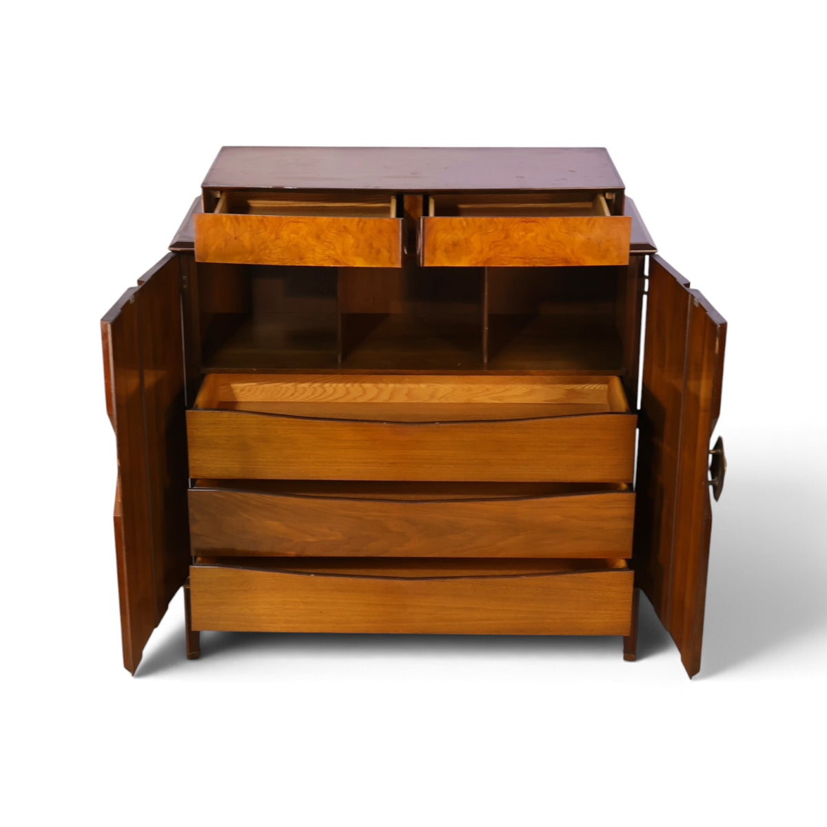 Helen Hobey Baker burl and walnut highboy dresser front view with doors and drawers open