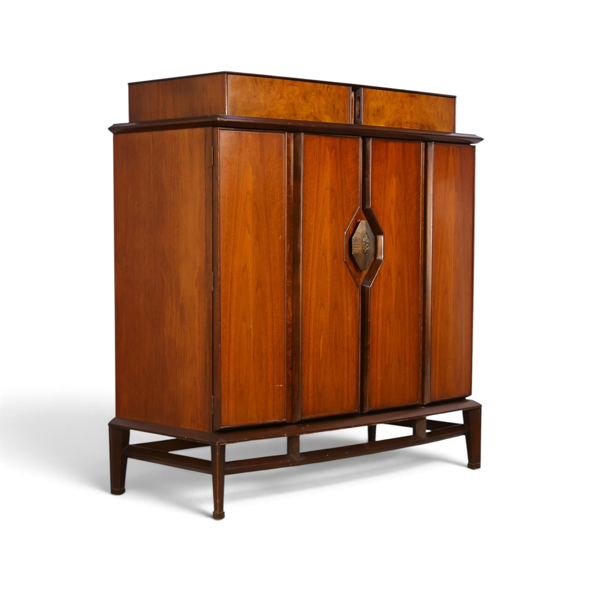 Helen Hobey Baker burl and walnut highboy dresser three-quarter view
