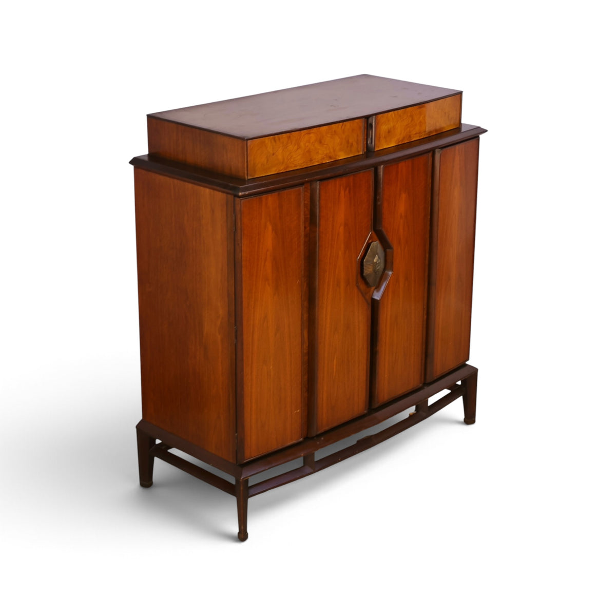 Helen Hobey Baker burl and walnut highboy dresser three-quarter view
