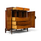 Helen Hobey Baker burl and walnut highboy dresser angled view with doors and drawers open