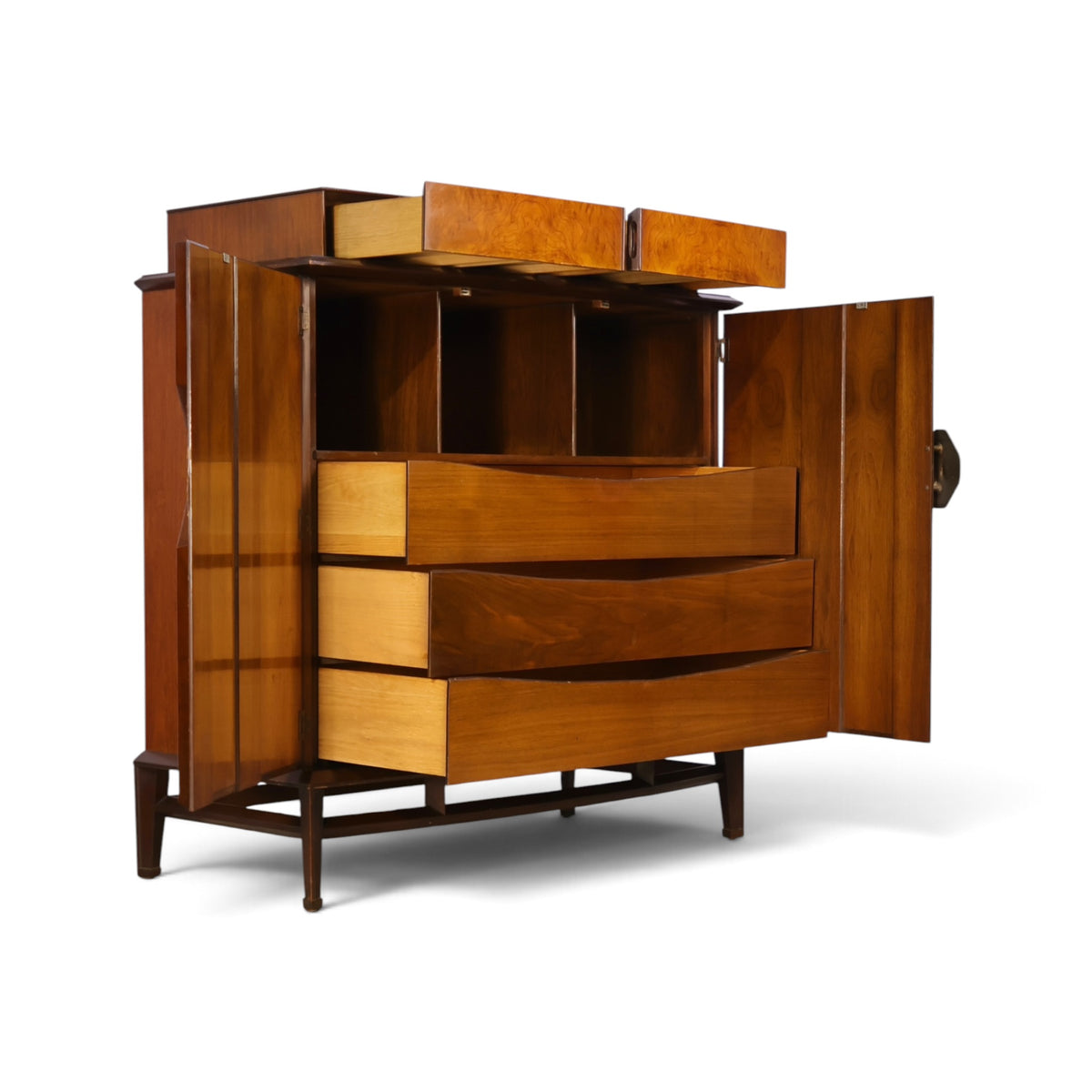 Helen Hobey Baker burl and walnut highboy dresser angled view with doors and drawers open