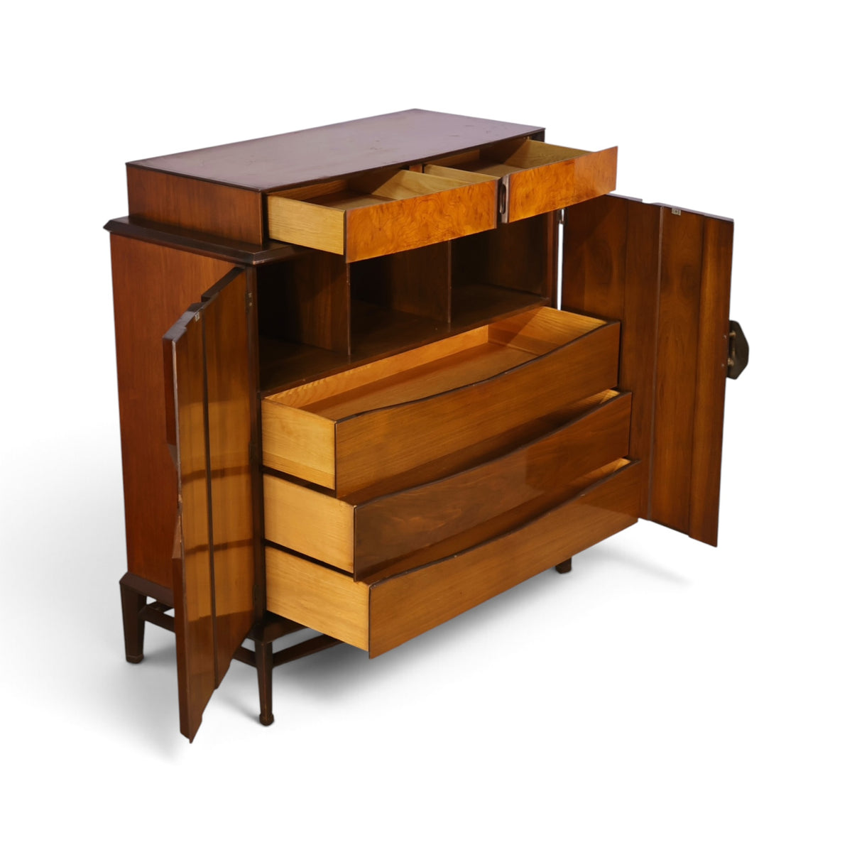 Helen Hobey Baker burl and walnut highboy dresser angled view with drawers open