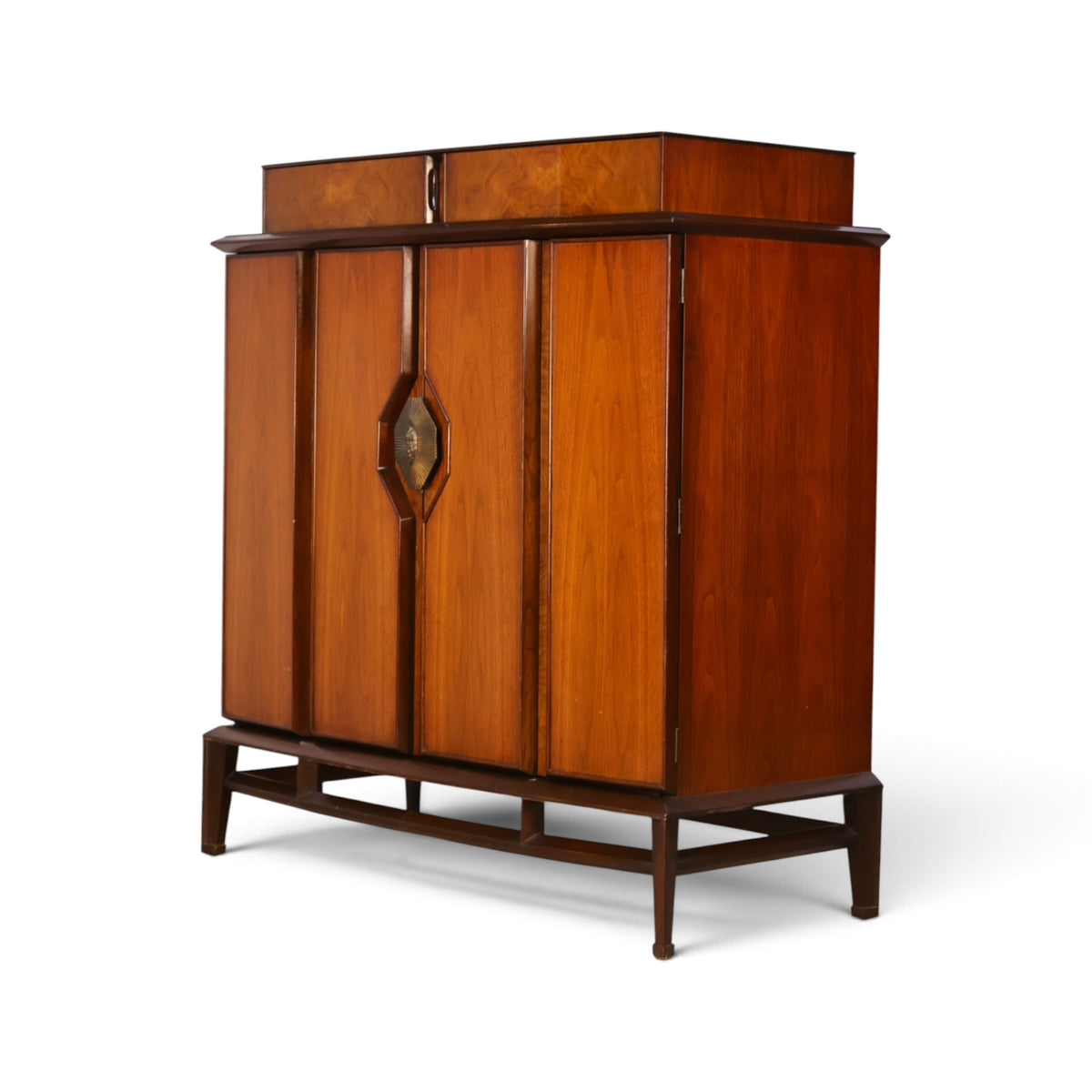 Helen Hobey Baker burl and walnut highboy dresser three-quarter view