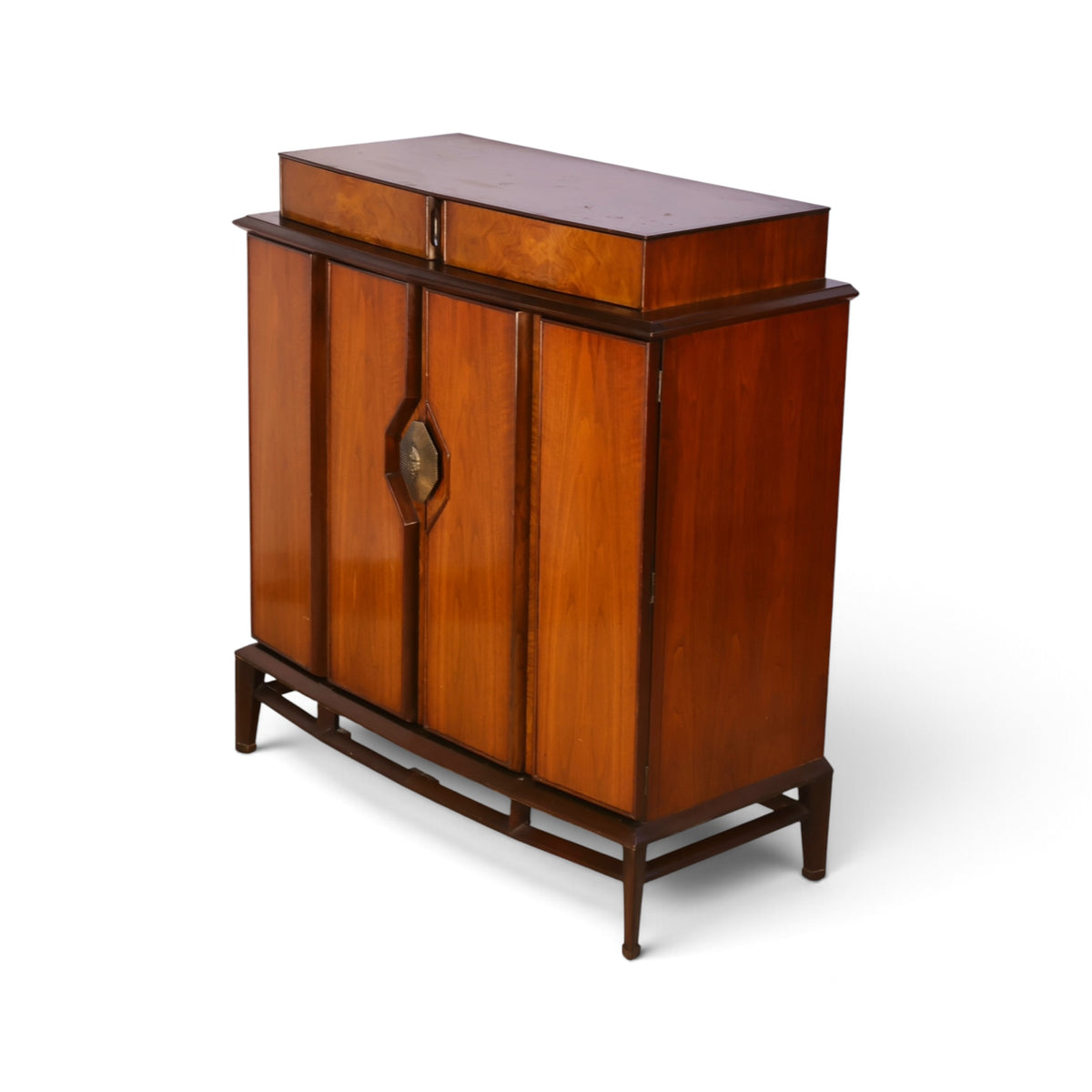 Helen Hobey Baker burl and walnut highboy dresser three-quarter view