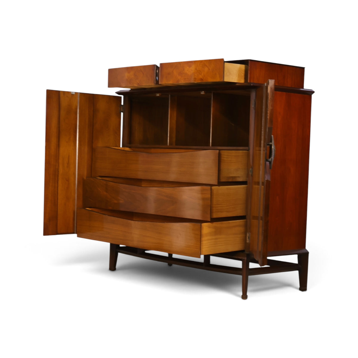Helen Hobey Baker burl and walnut highboy dresser angled view with doors and drawers open