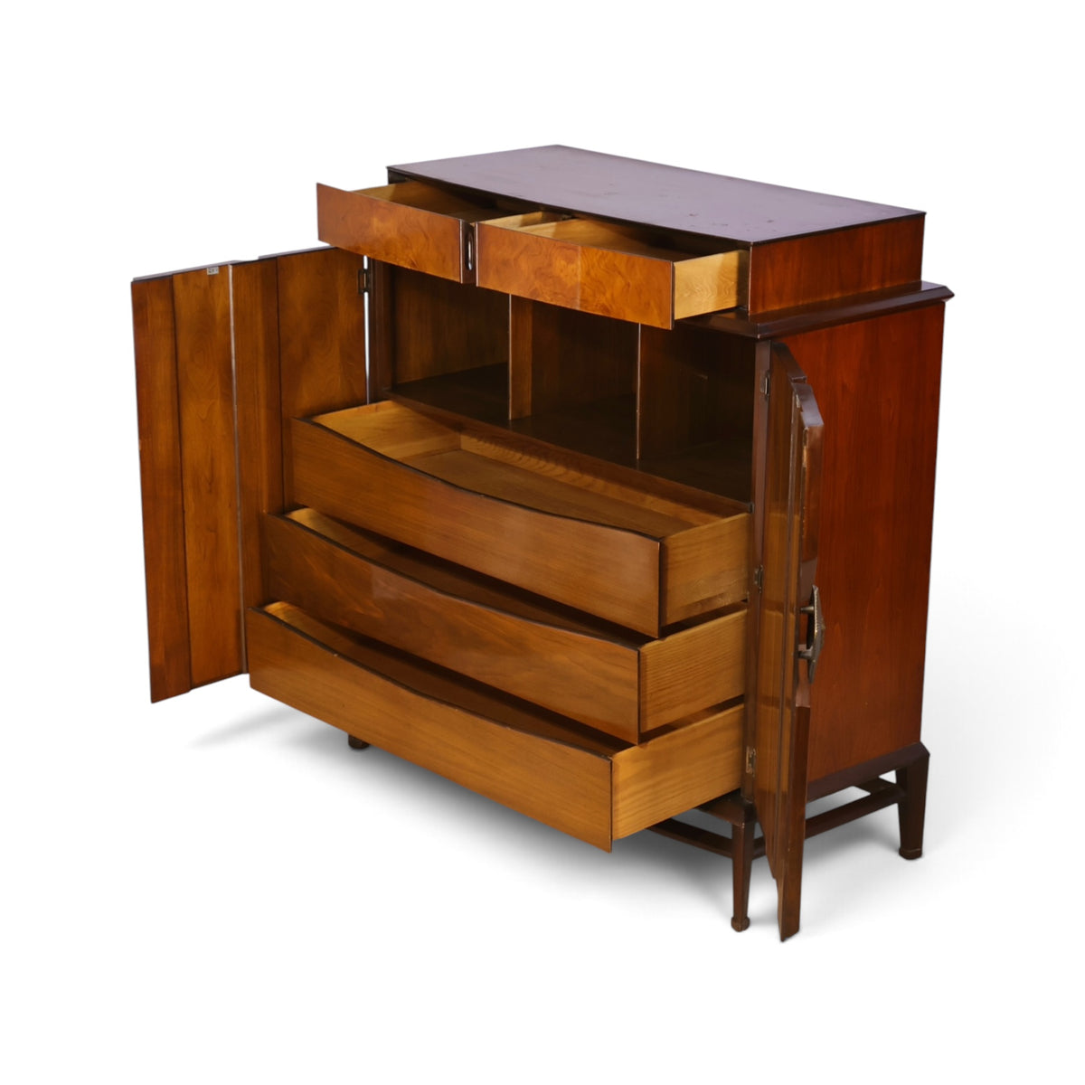 Helen Hobey Baker burl and walnut highboy dresser angled view with doors and drawers open