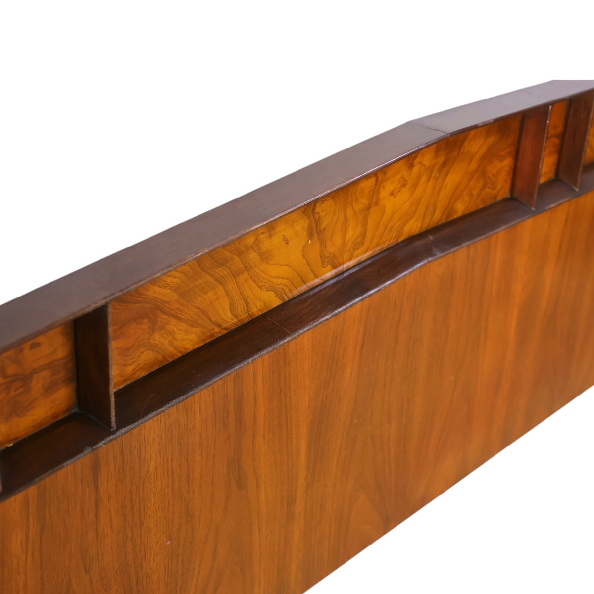 Helen Hobey Baker burl and walnut king headboard burl crest detail