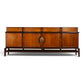 Helen Hobey Baker burl and walnut lowboy dresser front view with sunburst brass pull
