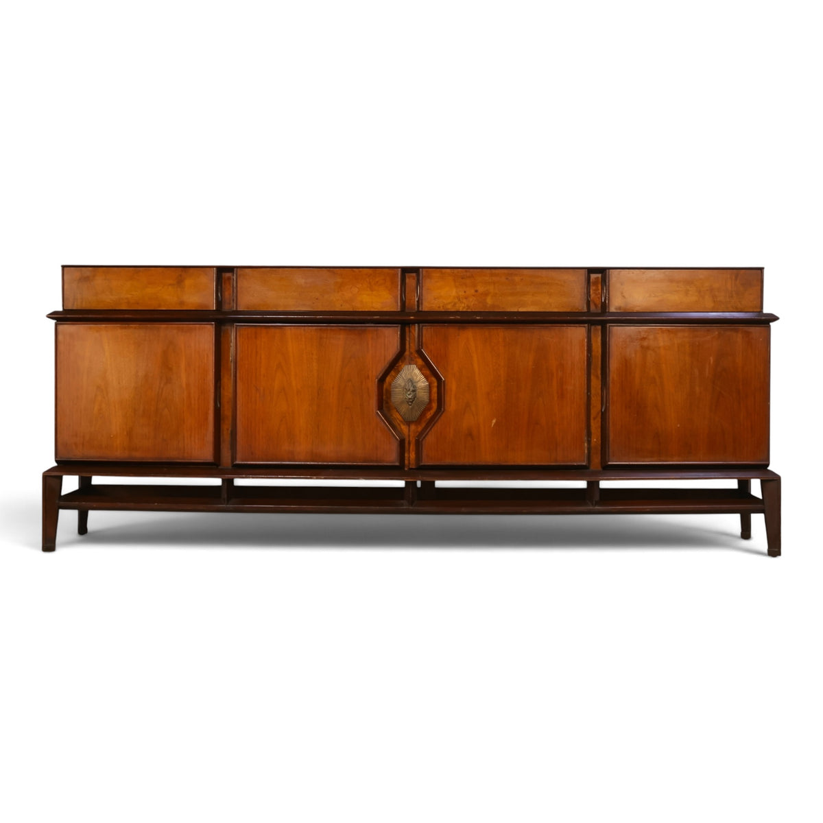 Helen Hobey Baker burl and walnut lowboy dresser front view with sunburst brass pull