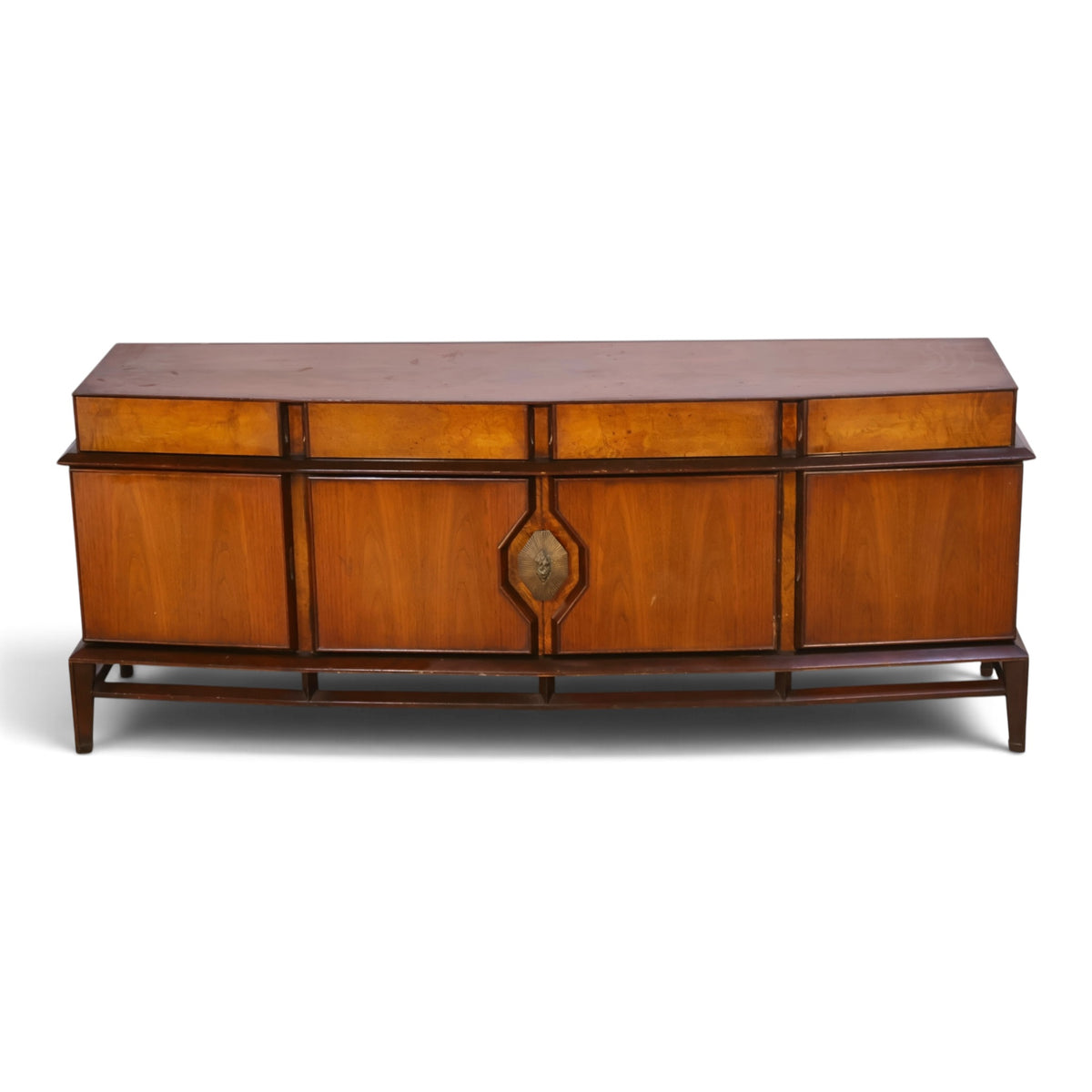 Helen Hobey Baker burl and walnut lowboy dresser angled top view