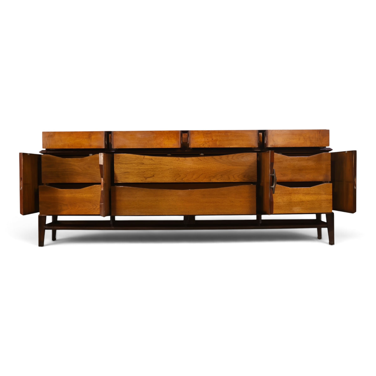 Helen Hobey Baker burl and walnut lowboy dresser front view with doors and drawers open