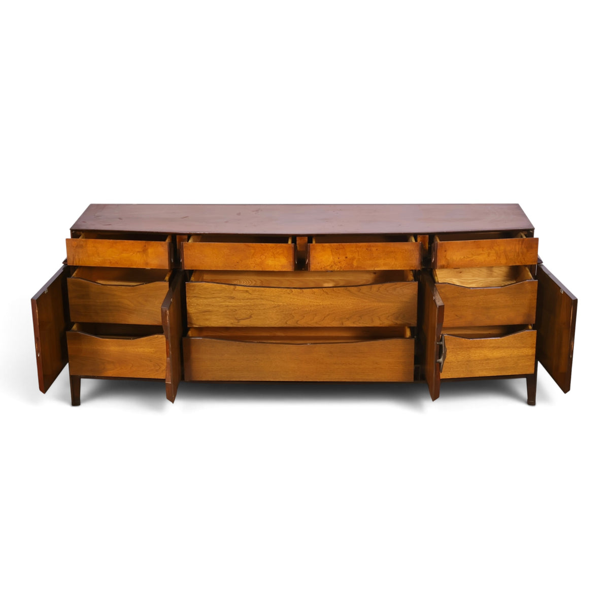 Helen Hobey Baker burl and walnut lowboy dresser angled view with drawers open
