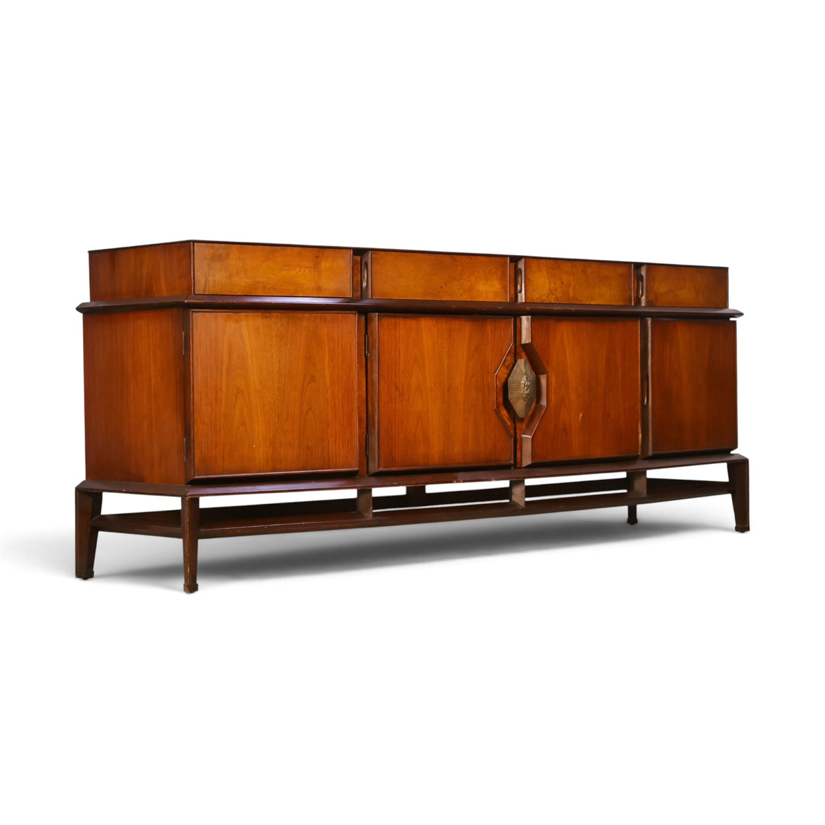 Helen Hobey Baker burl and walnut lowboy dresser three-quarter view