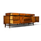 Helen Hobey Baker burl and walnut lowboy dresser side view with doors and drawers open