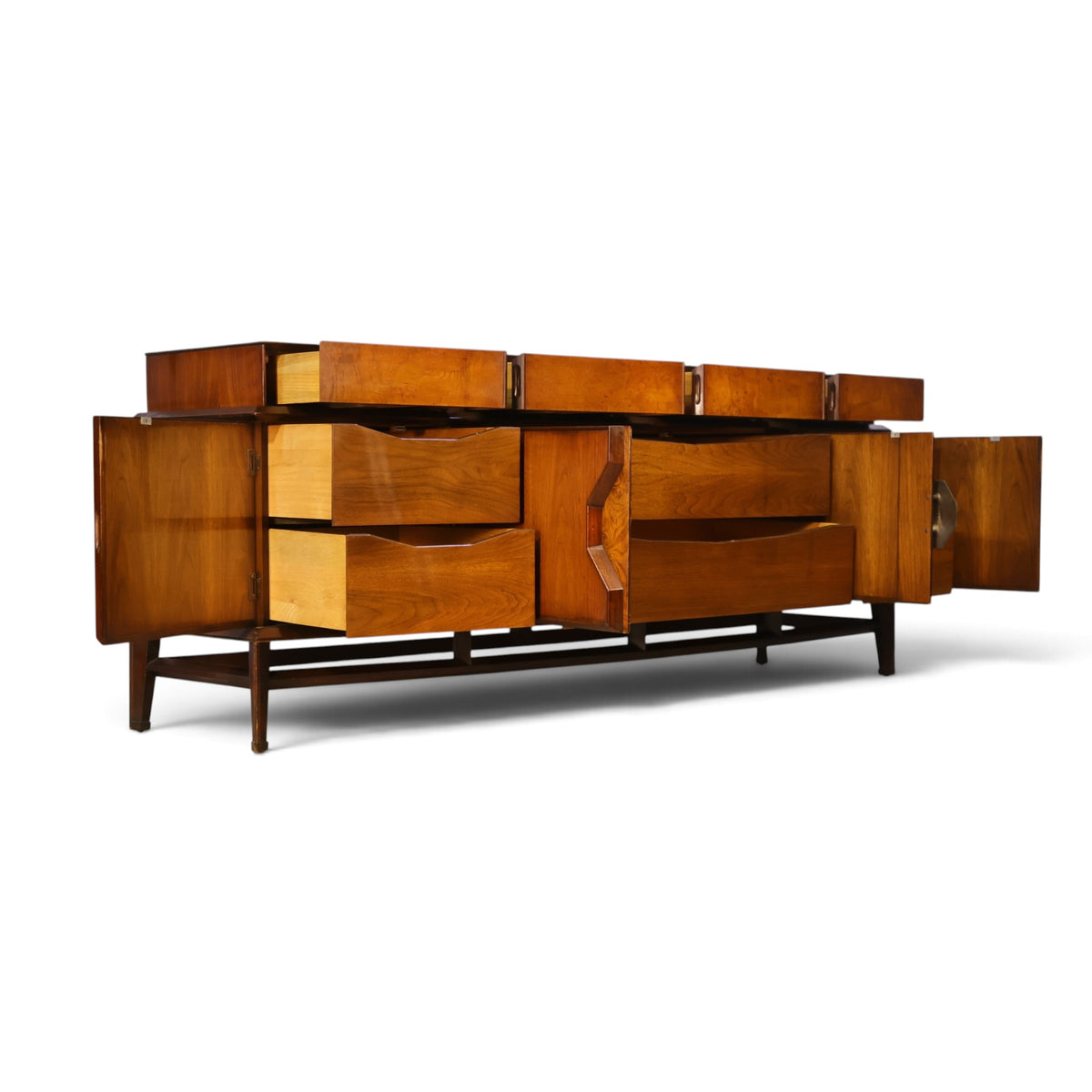 Helen Hobey Baker burl and walnut lowboy dresser side view with doors and drawers open