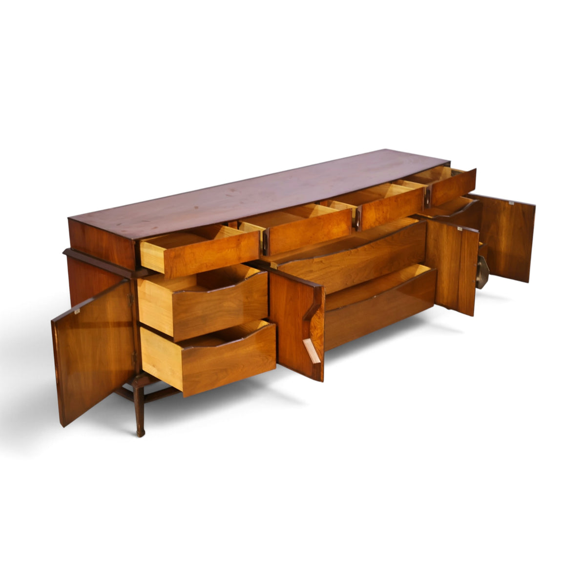 Helen Hobey Baker burl and walnut lowboy dresser angled view with doors and drawers open