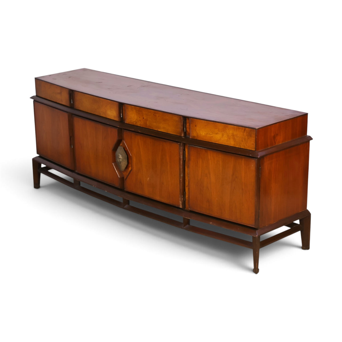 Helen Hobey Baker burl and walnut lowboy dresser angled top view