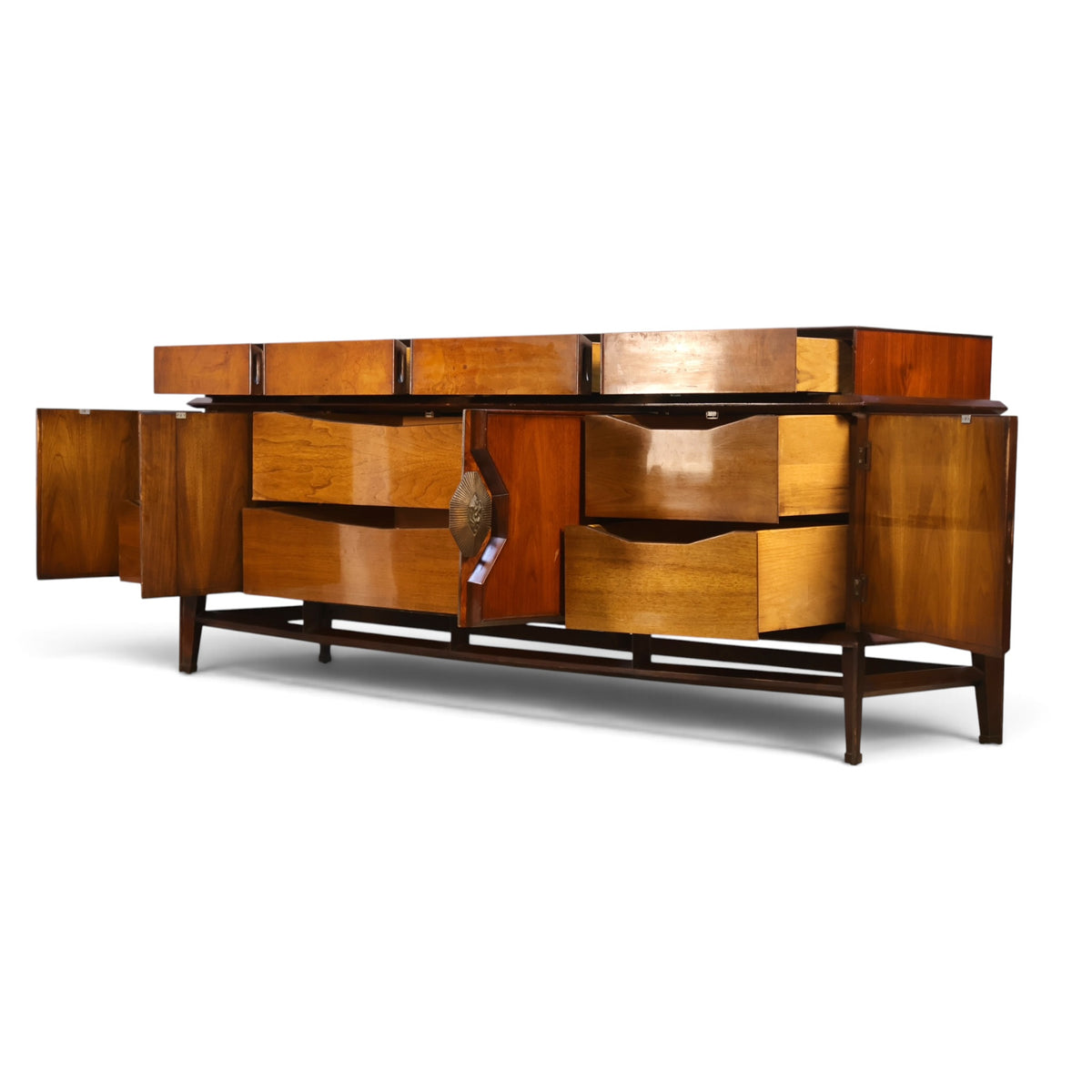 Helen Hobey Baker burl and walnut lowboy dresser angled view with doors and drawers open