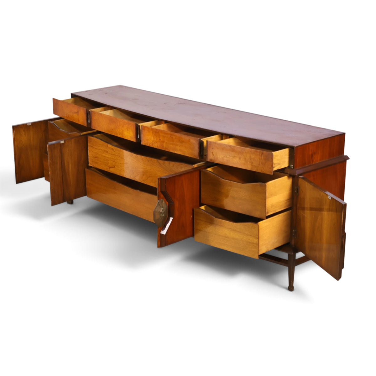 Helen Hobey Baker burl and walnut lowboy dresser angled view with doors and drawers open