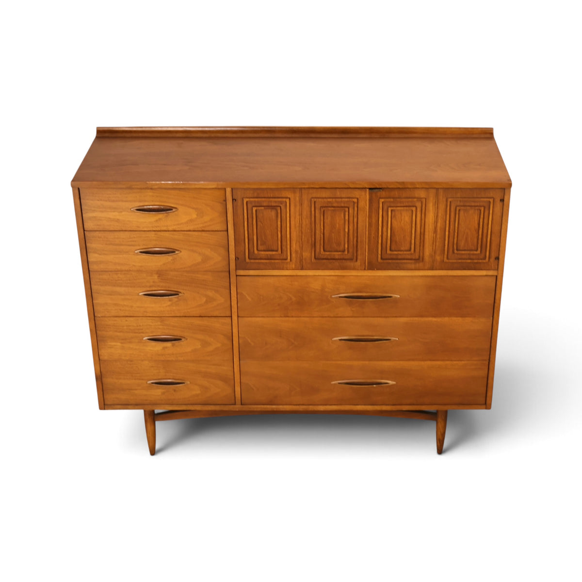 Broyhill Sculptra Magna walnut highboy dresser angled front view