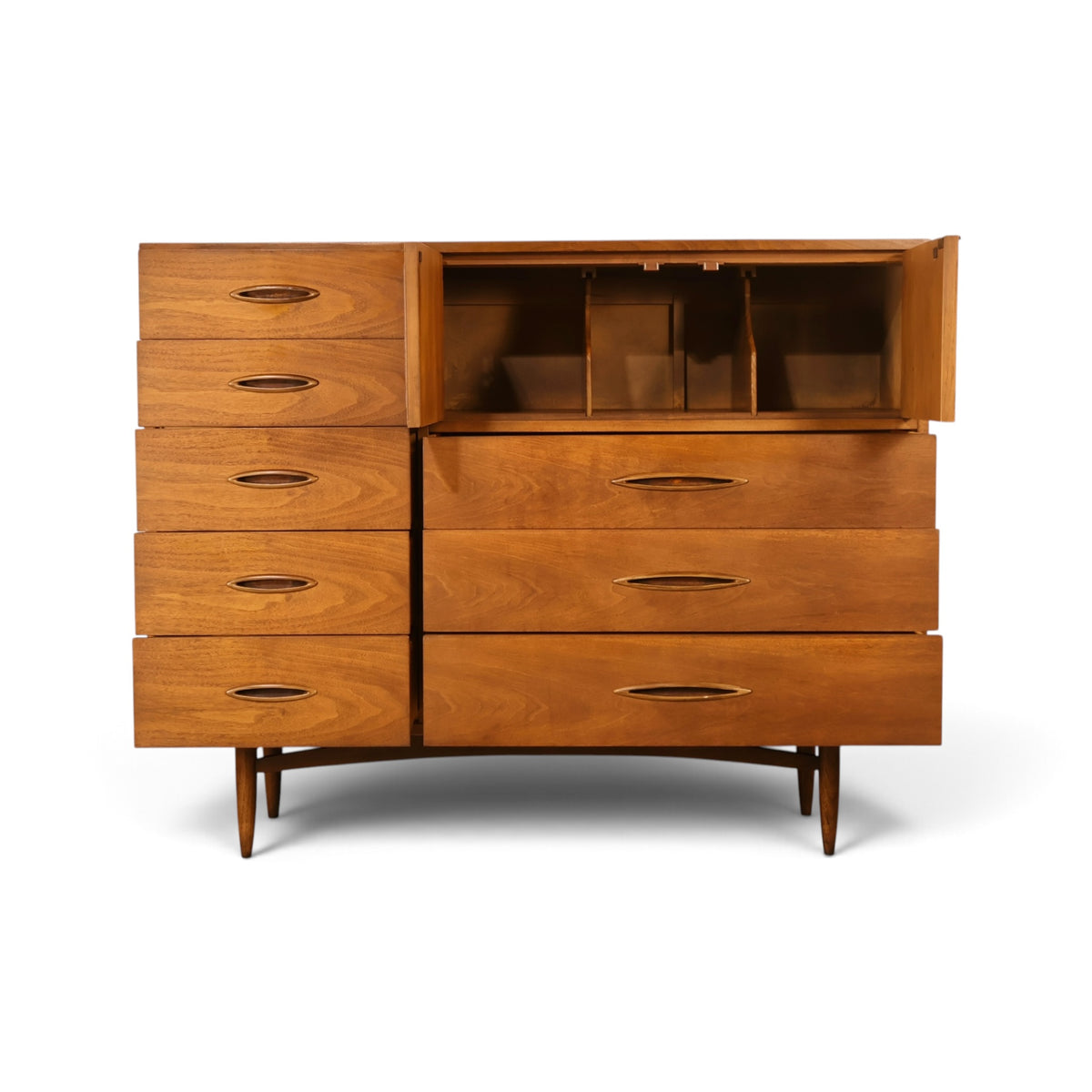 Broyhill Sculptra Magna walnut highboy dresser front view with carved door open