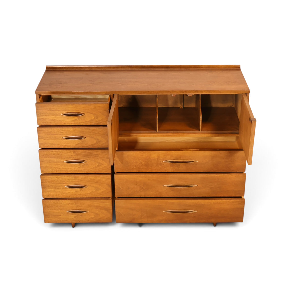 Broyhill Sculptra Magna walnut highboy dresser front view with door and drawers open