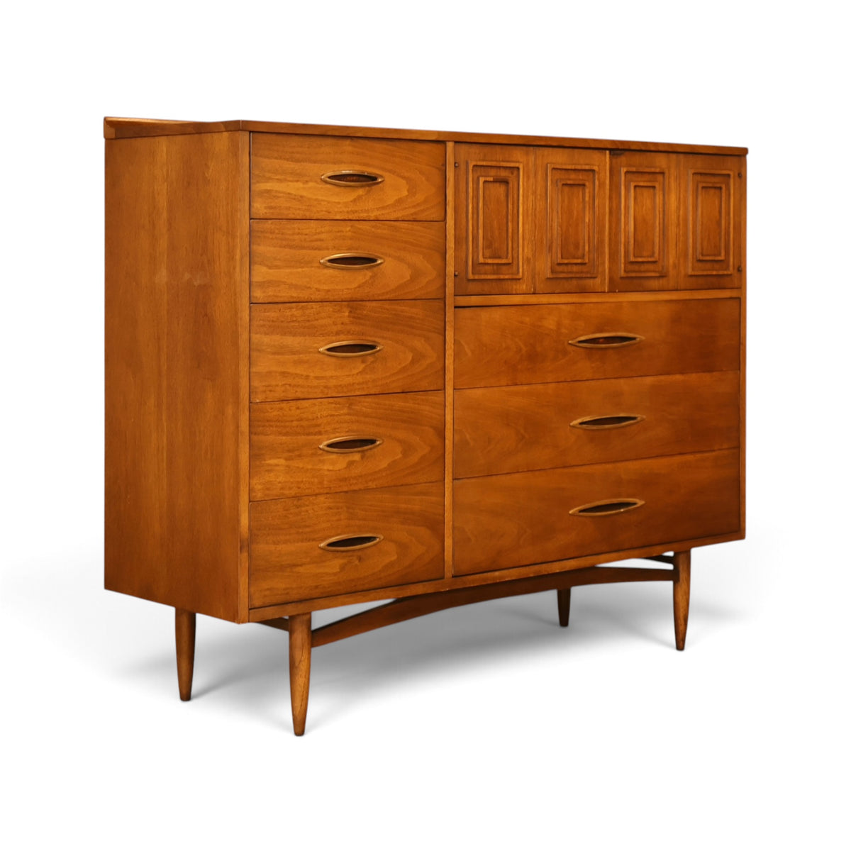 Broyhill Sculptra Magna walnut highboy dresser three-quarter view