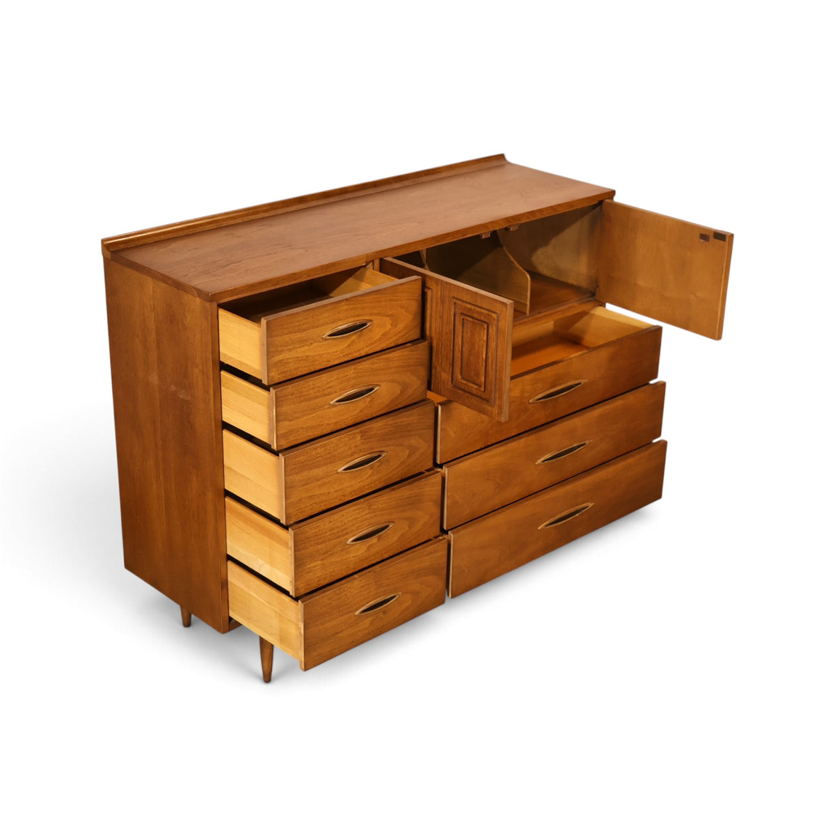Broyhill Sculptra Magna walnut highboy dresser angled view with drawers open