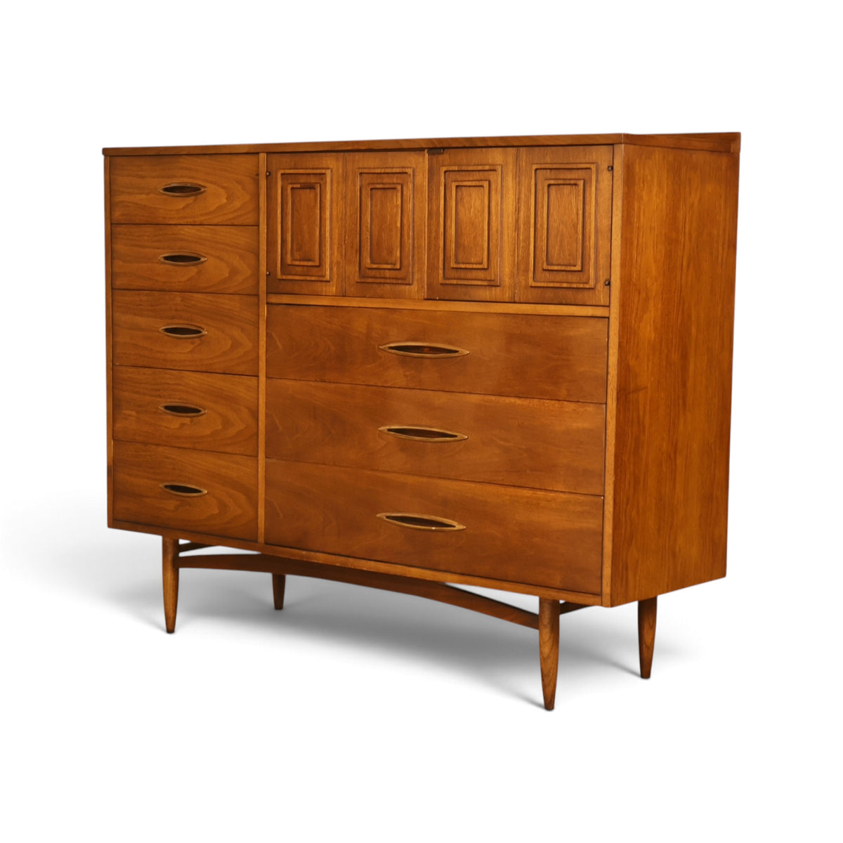 Broyhill Sculptra Magna walnut highboy dresser three-quarter view